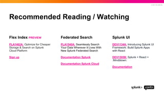 © 2021 SPLUNK INC.
Recommended Reading / Watching
Splunk UI
DEV1134A: Introducing Splunk UI
Framework: Build Splunk Apps
with React
DEV1595B: Splunk + React =
:Mindblown:
Documentation
Federated Search
PLA1540A: Seamlessly Search
Your Data Wherever It Lives With
New Splunk Federated Search
Documentation Splunk
Documentation Splunk Cloud
Flex Index PREVIEW
PLA1462A: Optimize for Cheaper
Storage & Search on Splunk
Cloud Platform
Sign up
 