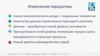 НАПИШИТЕ НАМ ПОПРОБУЙТЕ ЭКСПЕРТНУЮ СИСТЕМУ БЕСПЛАТНО НАШ САЙТ 12
Изменение парадигмы
Смена технологического уклада социальные технологии
Количество данных стремительно переходит в качество
Данные приобретают новый уровень значимости
Принципиально иной уровень интеграции процесса риск
менеджмента в остальные процессы
Новый уровень взаимодействия людей
 