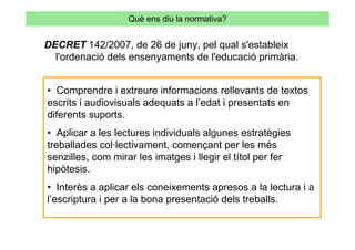 Què ens diu la normativa?


DECRET 142/2007, de 26 de juny, pel qual s'estableix
  l'ordenació dels ensenyaments de l'educació primària.


• Comprendre i extreure informacions rellevants de textos
escrits i audiovisuals adequats a l’edat i presentats en
diferents suports.
• Aplicar a les lectures individuals algunes estratègies
treballades col·lectivament, començant per les més
senzilles, com mirar les imatges i llegir el títol per fer
hipòtesis.
• Interès a aplicar els coneixements apresos a la lectura i a
l’escriptura i per a la bona presentació dels treballs.
 