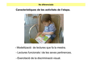 No diferenciada

Característiques de les activitats de l’etapa.




- Modelització de lectures que fa la mestra.
- Lectures funcionals i de les seves pertinences.

- Exercitació de la discriminació visual.
 