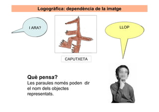 Logogràfica: dependència de la imatge


 QUÈ HI
I ARA?
   DIU                                 LLOP
                                     CAPUTXETA
  AQUÍ?




                CAPUTXETA



Què pensa?
Les paraules només poden dir
el nom dels objectes
representats.
 