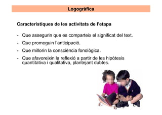 Logogràfica


Característiques de les activitats de l’etapa

- Que assegurin que es comparteix el significat del text.
- Que promoguin l’anticipació.
- Que millorin la consciència fonològica.
- Que afavoreixin la reflexió a partir de les hipòtesis
  quantitativa i qualitativa, plantejant dubtes.
 