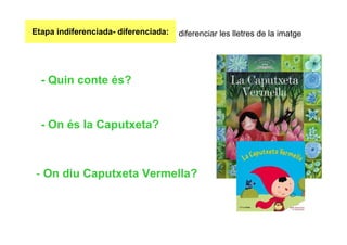 Etapa indiferenciada- diferenciada:   diferenciar les lletres de la imatge




  - Quin conte és?


  - On és la Caputxeta?



 - On diu Caputxeta Vermella?
 