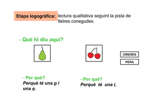 Etapa logogràfica: lectura qualitativa seguint la pista de
                   lletres conegudes.



 - Què hi diu aquí?

                                                      CIRERES

                                                       PERA




   - Per què?                   - Per què?
   Perquè té una p i            Perquè té una i.
   una e.
 