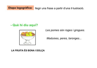 Etapa logogràfica: llegir una frase a partir d’una il·lustració.




 - Què hi diu aquí?
                               Les pomes són roges i grogues.

                                Maduixes, peres, taronges...



  LA FRUITA ÉS BONA I DOLÇA
 