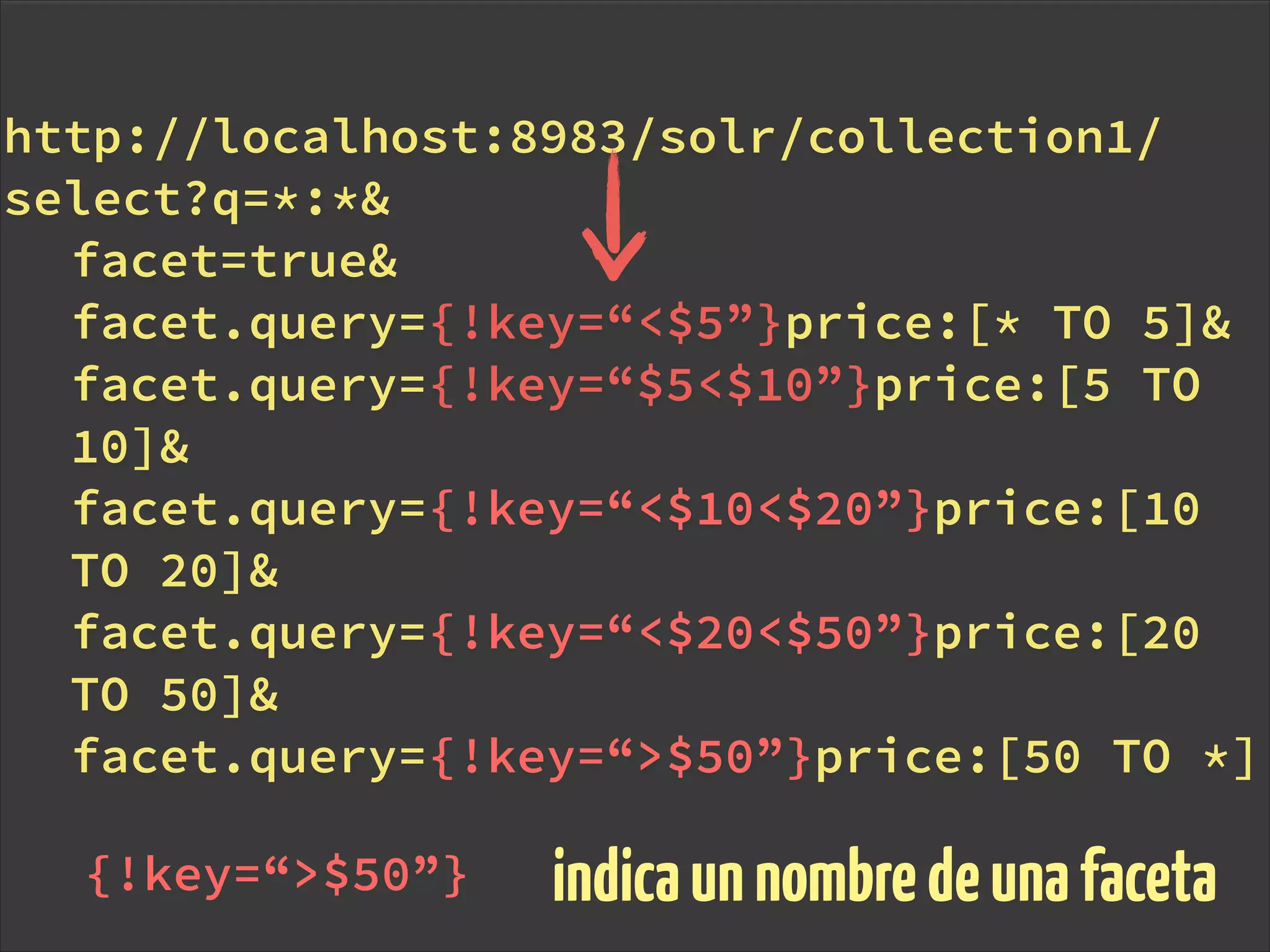 http://localhost:8983/solr/collection1/
select?q=*:*&
facet=true&
facet.query={!key=“<$5”}price:[* TO 5]&
facet.query={!key=“$5<$10”}price:[5 TO
10]&
facet.query={!key=“<$10<$20”}price:[10
TO 20]&
facet.query={!key=“<$20<$50”}price:[20
TO 50]&
facet.query={!key=“>$50”}price:[50 TO *]
{!key=“>$50”} indicaunnombredeunafaceta
 