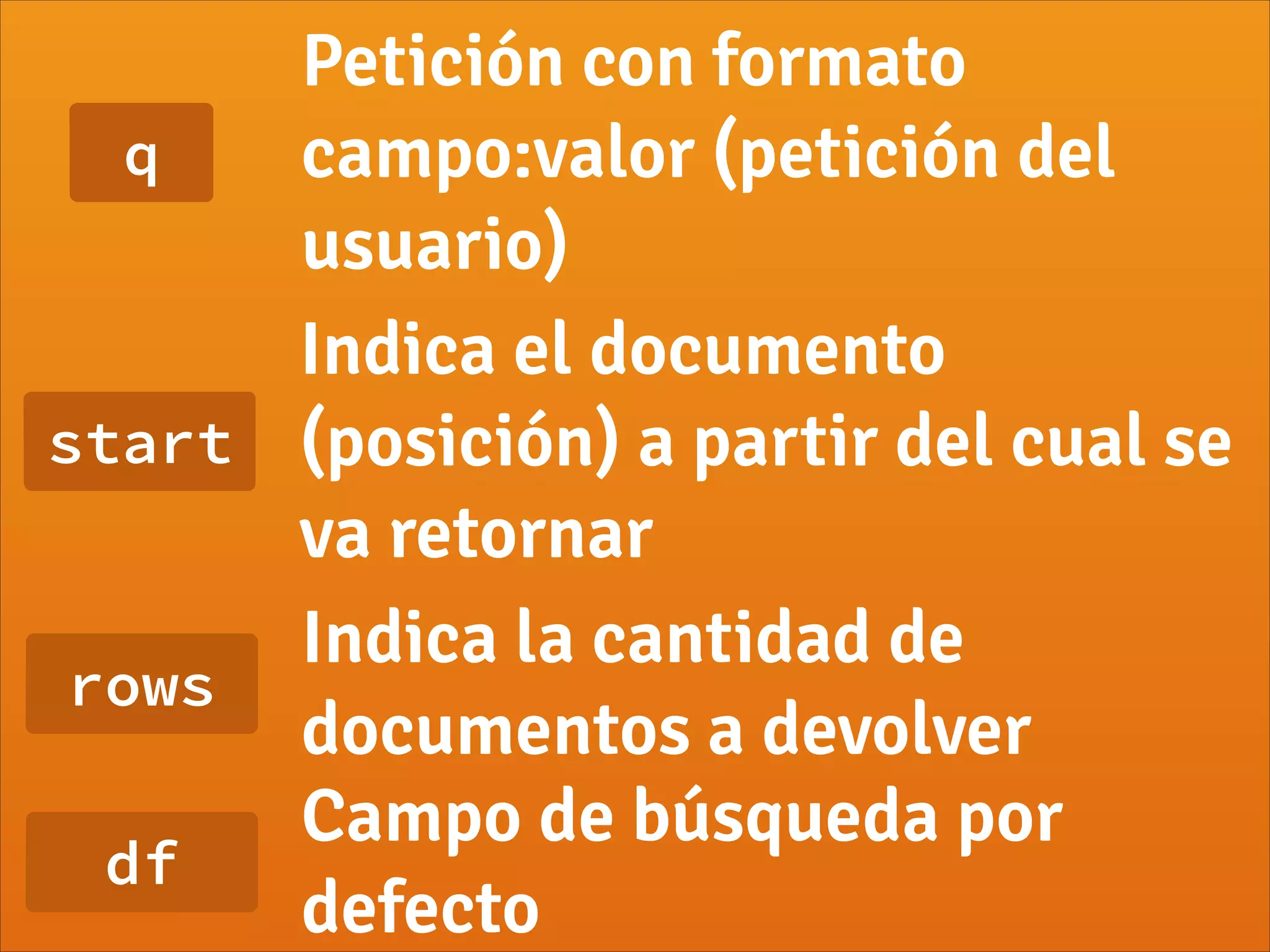 q
Petición con formato
campo:valor (petición del
usuario)
start
Indica el documento
(posición) a partir del cual se
va retornar
rows
Indica la cantidad de
documentos a devolver
df
Campo de búsqueda por
defecto
 