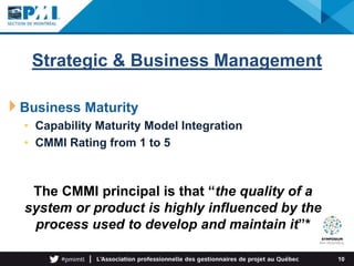 Strategic & Business Management
10
Business Maturity
• Capability Maturity Model Integration
• CMMI Rating from 1 to 5
The...