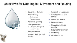 • Guaranteed delivery
• Data buffering
- Backpressure
- Pressure release
• Prioritized queuing
• Flow specific QoS
- Latency vs. throughput
- Loss tolerance
• Data provenance
• Supports push and pull
models
• Hundreds of processors
• Visual command and
control
• Over a 200 sources
• Flow templates
• Pluggable/multi-role
security
• Designed for extension
• Clustering
• Version Control
DataFlows for Data Ingest, Movement and Routing
 