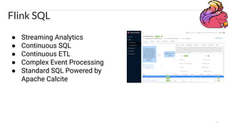 25
Flink SQL
● Streaming Analytics
● Continuous SQL
● Continuous ETL
● Complex Event Processing
● Standard SQL Powered by
Apache Calcite
 