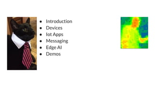 ● Introduction
● Devices
● Iot Apps
● Messaging
● Edge AI
● Demos
 
