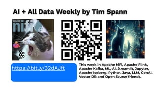 This week in Apache NiFi, Apache Flink,
Apache Kafka, ML, AI, Streamlit, Jupyter,
Apache Iceberg, Python, Java, LLM, GenAI,
Vector DB and Open Source friends.
https://bit.ly/32dAJft
AI + All Data Weekly by Tim Spann
 