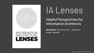 @ialenses — EightShapes — Dan Brown
IA Lenses
Helpful Perspectives for
Information Architects
Confab – April 2019
Dan Brown @brownorama – @ialenses
 