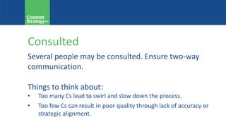 Consulted
Several people may be consulted. Ensure two-way
communication.
Things to think about:
• Too many Cs lead to swirl and slow down the process.
• Too few Cs can result in poor quality through lack of accuracy or
strategic alignment.
 