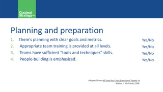 Planning and preparation
1. There’s planning with clear goals and metrics.
2. Appropriate team training is provided at all levels.
3. Teams have sufficient “tools and techniques” skills.
4. People-building is emphasized.
Yes/No
Yes/No
Yes/No
Yes/No
Adapted from 40 Tools for Cross Functional Teams by
Walter J. Michalski;1998.
 