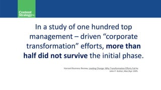 In a study of one hundred top
management – driven “corporate
transformation” efforts, more than
half did not survive the initial phase.
Harvard Business Review, Leading Change: Why Transformation Efforts Fail by
John P. Kotter; Mar/Apr 1995.
 