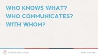 WHO KNOWS WHAT?
WHO COMMUNICATES?
WITH WHOM?
Hilary	
  Marsh,	
  Content	
  Company 	
  	
   Confab,	
  June	
  5	
  2013 ...