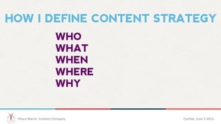 HOW I DEFINE CONTENT STRATEGY
WHO
WHAT
WHEN
WHERE
WHY
Hilary	
  Marsh,	
  Content	
  Company 	
  	
   Confab,	
  June	
  5...