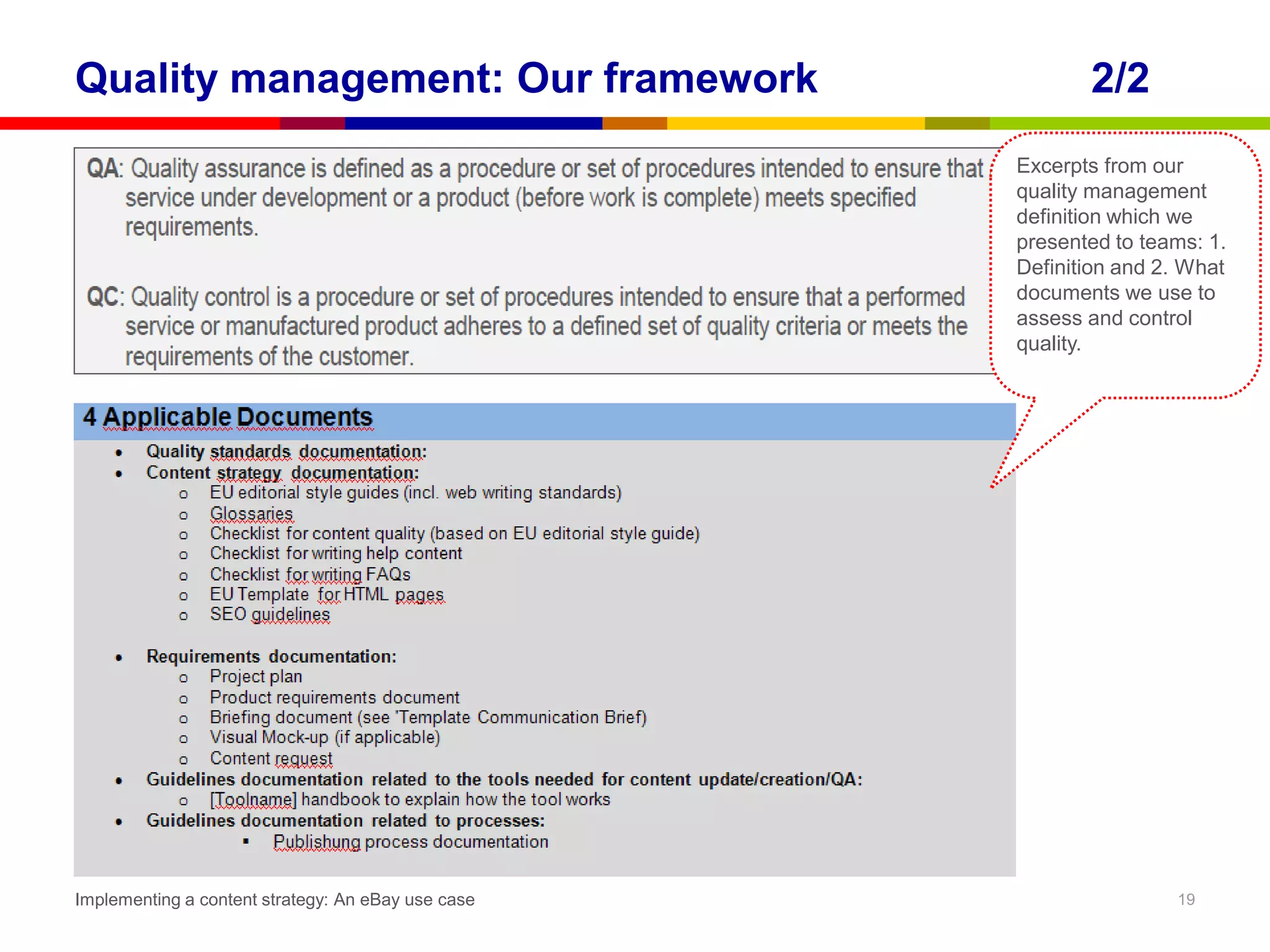 Quality management: Our framework                          2/2
                                                    Excerpts from our
                                                    quality management
                                                    definition which we
                                                    presented to teams: 1.
                                                    Definition and 2. What
                                                    documents we use to
                                                    assess and control
                                                    quality.




Implementing a content strategy: An eBay use case                   19
 