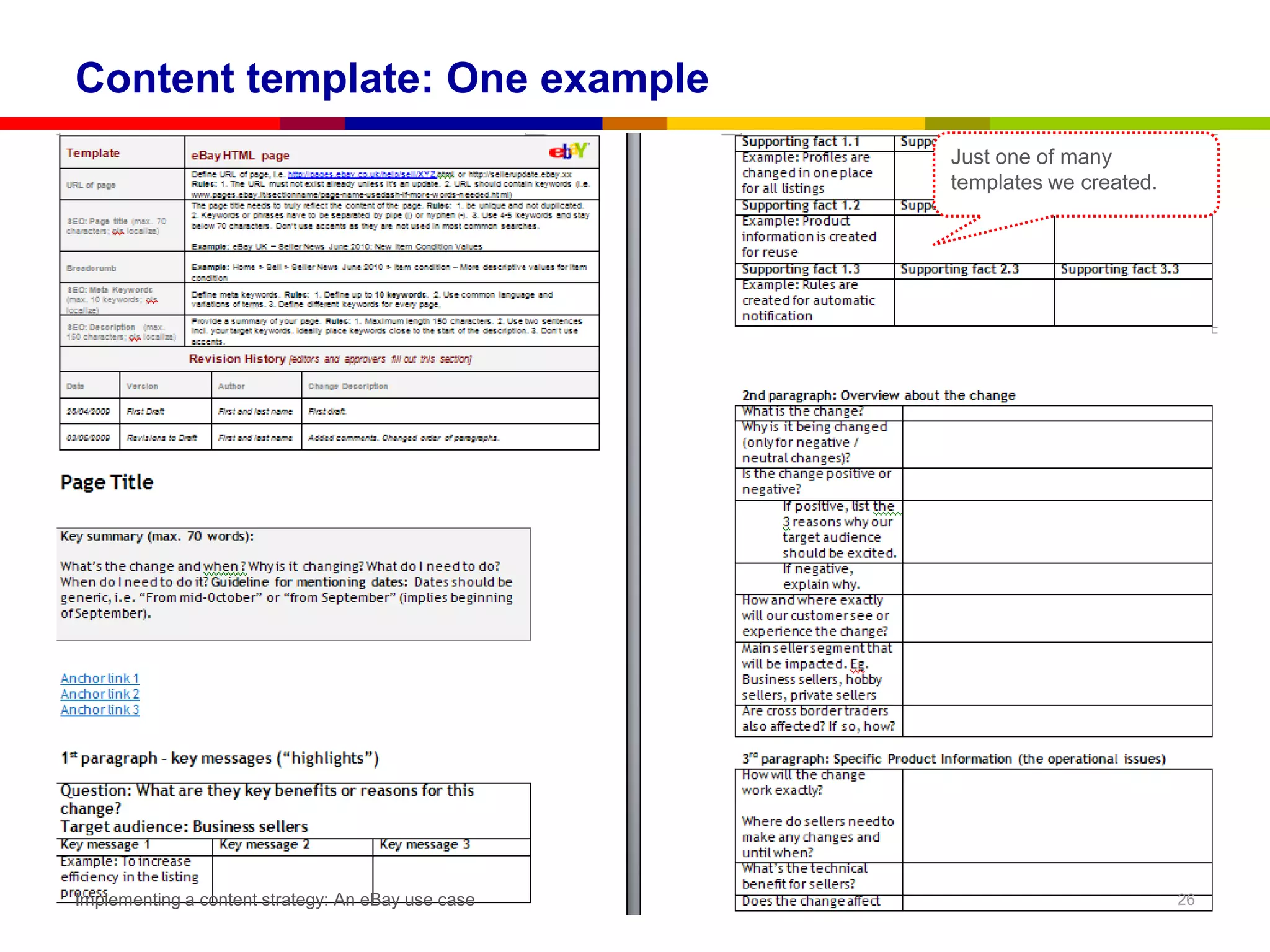 Content template: One example
                                                    Just one of many
                                                    templates we created.




Implementing a content strategy: An eBay use case                           26
 