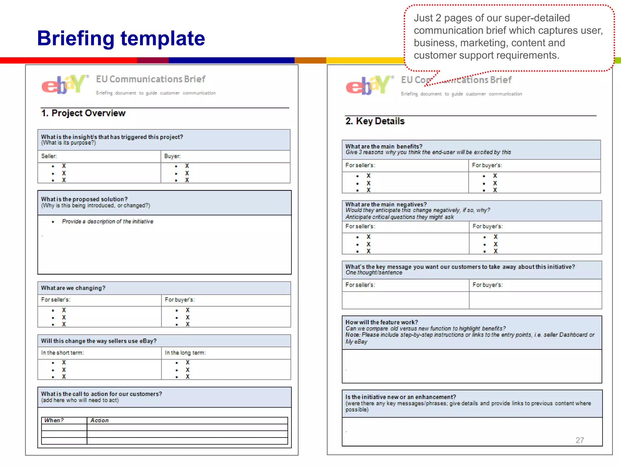 Just 2 pages of our super-detailed
                                                    communication brief which captures user,
Briefing template                                   business, marketing, content and
                                                    customer support requirements.




Implementing a content strategy: An eBay use case                                     27
 