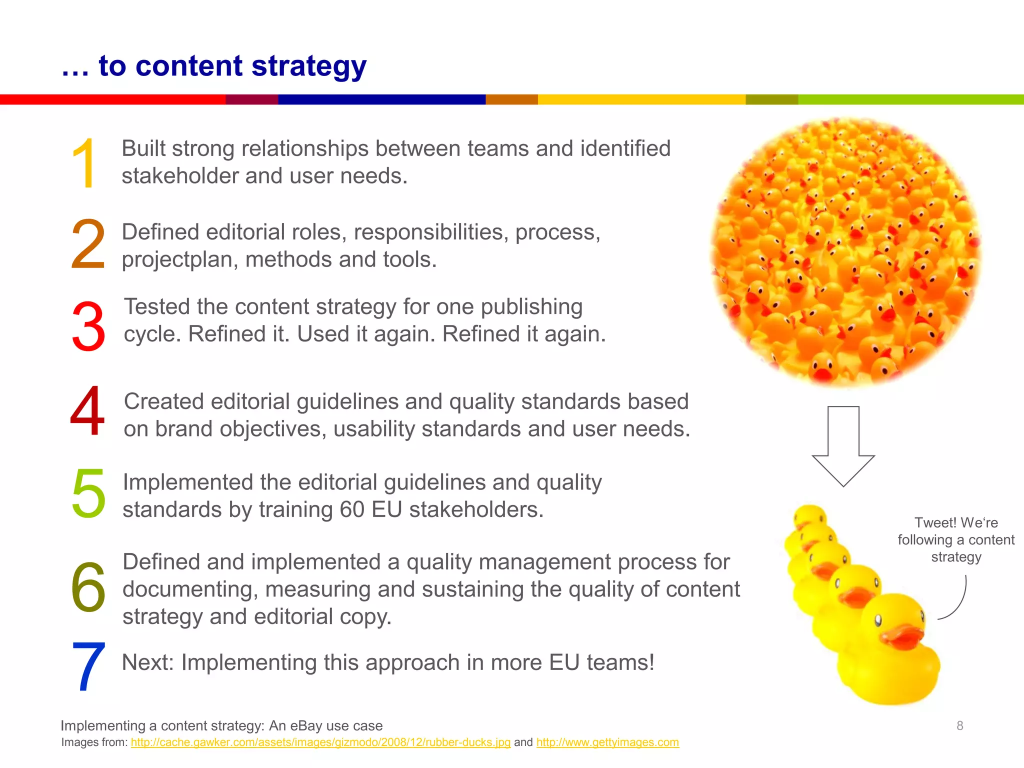 … to content strategy


1          Built strong relationships between teams and identified
           stakeholder and user needs.


2          Defined editorial roles, responsibilities, process,
           projectplan, methods and tools.

           Tested the content strategy for one publishing
3          cycle. Refined it. Used it again. Refined it again.



4          Created editorial guidelines and quality standards based
           on brand objectives, usability standards and user needs.


5          Implemented the editorial guidelines and quality
           standards by training 60 EU stakeholders.                                                                     Tweet! We„re
                                                                                                                     following a content
                                                                                                                           strategy
           Defined and implemented a quality management process for
6          documenting, measuring and sustaining the quality of content
           strategy and editorial copy.

7          Next: Implementing this approach in more EU teams!

Implementing a content strategy: An eBay use case                                                                             8
Images from: http://cache.gawker.com/assets/images/gizmodo/2008/12/rubber-ducks.jpg and http://www.gettyimages.com
 