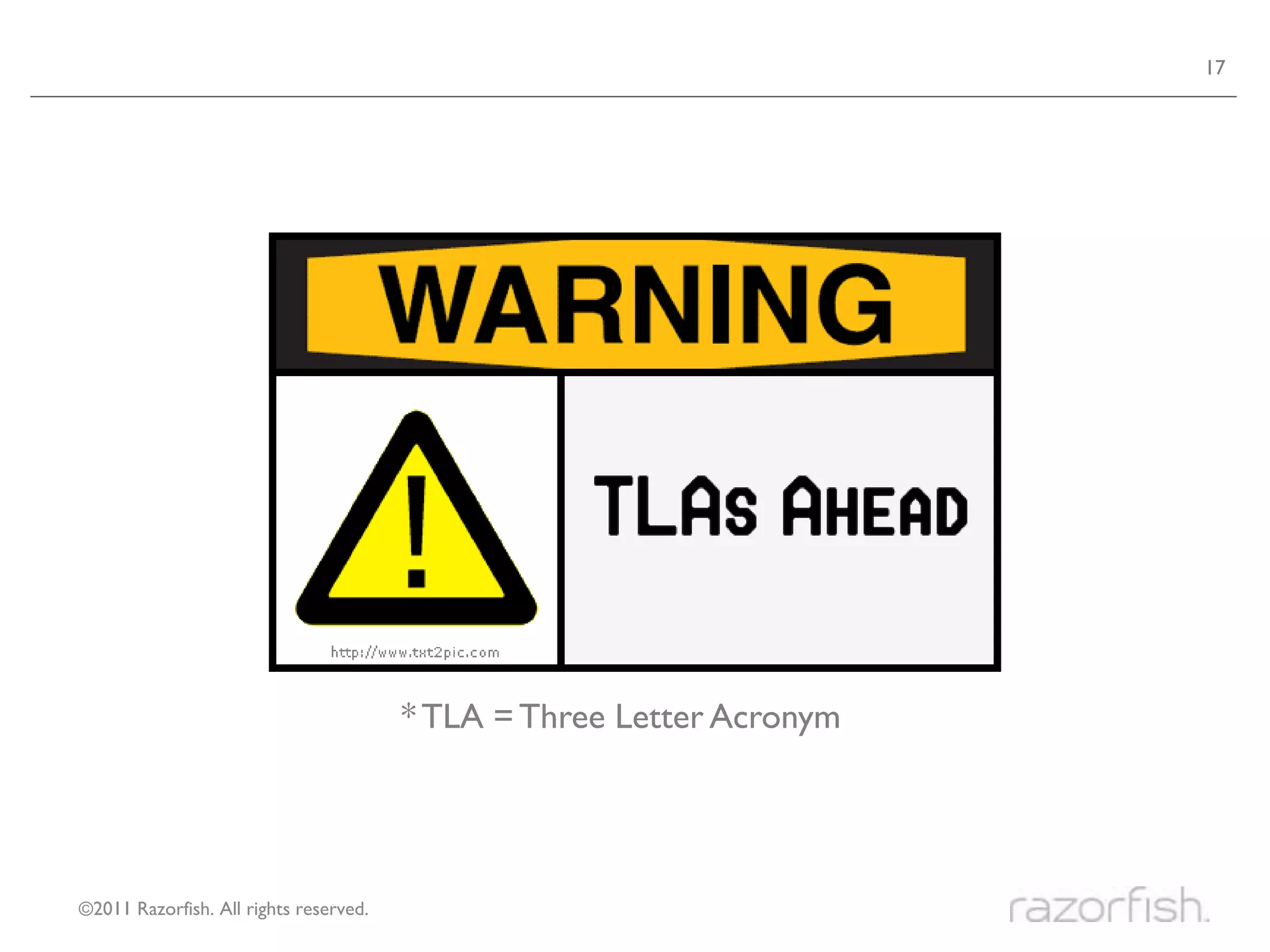 17




                                        * TLA = Three Letter Acronym




©2011 Razorfish. All rights reserved.
 
