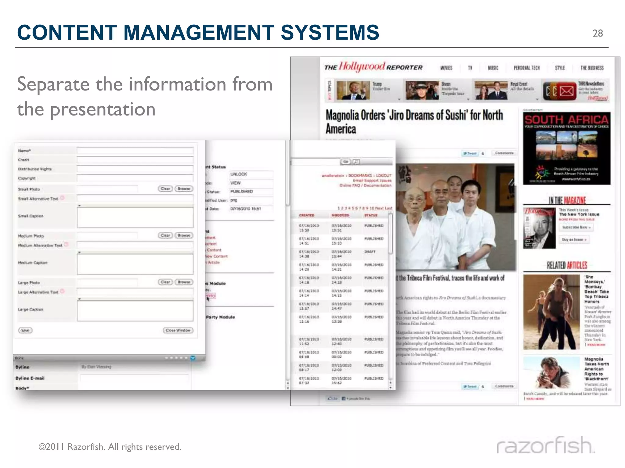 CONTENT MANAGEMENT SYSTEMS                28




Separate the information from
the presentation




  ©2011 Razorfish. All rights reserved.
 