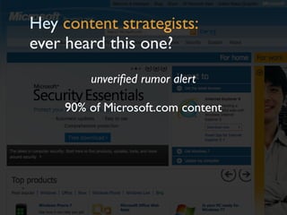 Hey content strategists:
ever heard this one?
         unveriﬁed rumor alert

     90% of Microsoft.com content
 