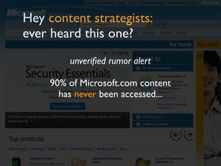 Hey content strategists:
ever heard this one?
         unveriﬁed rumor alert

     90% of Microsoft.com content
       has...