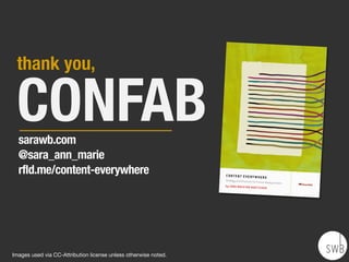 thank you,
CONFAB
Images used via CC-Attribution license unless otherwise noted.
sarawb.com
@sara_ann_marie
rfld.me/content-everywhere
 