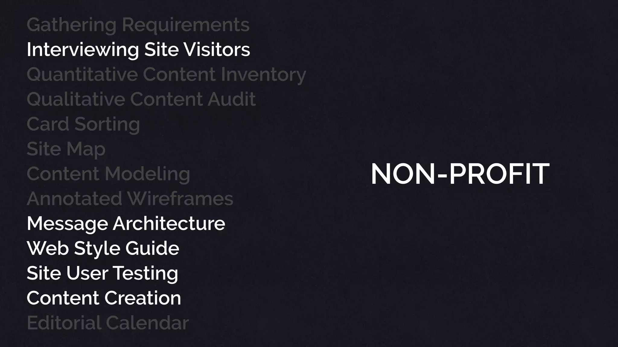 Gathering Requirements
Interviewing Site Visitors
Quantitative Content Inventory
Qualitative Content Audit
Card Sorting
Site Map
Content Modeling
Annotated Wireframes
Message Architecture
Web Style Guide
Site User Testing
Content Creation
Editorial Calendar
IMPROVING
SEARCH
 