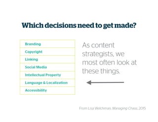 Which decisions need to get made?
From Lisa Welchman, Managing Chaos, 2015
As content
strategists, we
most often look at
these things.
 