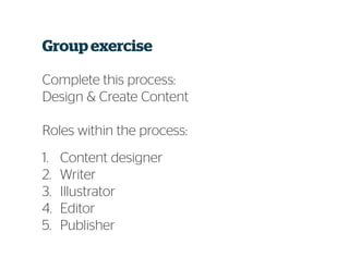 Group exercise
Complete this process:
Design & Create Content
Roles within the process:
1. Content designer
2. Writer
3. Illustrator
4. Editor
5. Publisher
 