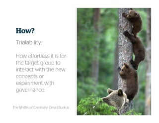 How?
TrialabilityTrialabilityTrialabilityTrialability::::
How effortless it is for
the target group to
interact with the new
concepts or
experiment with
governance.
The Myths of Creativity: David Burkus
 