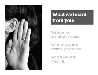 What we heard
from you:
We have no
formalized process.
We have very little
content governance.
We’re a well-oiled
machine.
 