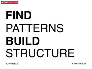 FIND"
PATTERNS!
BUILD
STRUCTURE"
#ConfabEDU!
	
  

#ThinkAndDo!
	
  

 
