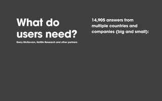14,905 answers from
What do                                               multiple countries and
                                                      companies (big and small):
users need?
Gerry McGovern, Netlife Research and other partners
 