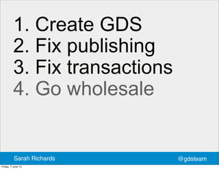 1. Create GDS
2. Fix publishing
3. Fix transactions
4. Go wholesale
@gdsteamSarah Richards
Friday, 7 June 13
 