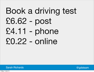 Book a driving test
£6.62 - post
£4.11 - phone
£0.22 - online
@gdsteamSarah Richards
Friday, 7 June 13
 