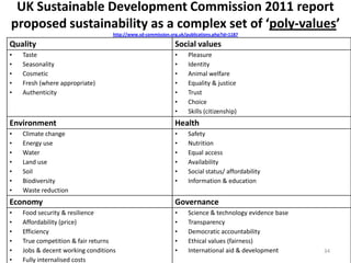 UK Sustainable Development Commission 2011 report
proposed sustainability as a complex set of ‘poly-values’
                                   http://www.sd-commission.org.uk/publications.php?id=1187

Quality                                                       Social values
•   Taste                                                     •     Pleasure
•   Seasonality                                               •     Identity
•   Cosmetic                                                  •     Animal welfare
•   Fresh (where appropriate)                                 •     Equality & justice
•   Authenticity                                              •     Trust
                                                              •     Choice
                                                              •     Skills (citizenship)
Environment                                                   Health
•   Climate change                                            •     Safety
•   Energy use                                                •     Nutrition
•   Water                                                     •     Equal access
•   Land use                                                  •     Availability
•   Soil                                                      •     Social status/ affordability
•   Biodiversity                                              •     Information & education
•   Waste reduction
Economy                                                       Governance
•   Food security & resilience                                •     Science & technology evidence base
•   Affordability (price)                                     •     Transparency
•   Efficiency                                                •     Democratic accountability
•   True competition & fair returns                           •     Ethical values (fairness)
•   Jobs & decent working conditions                          •     International aid & development      34
•   Fully internalised costs
 