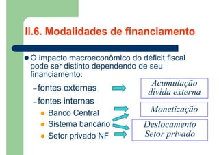  O impacto macroeconômico do déficit fiscal
pode ser distinto dependendo de seu
financiamento:
– fontes externas
– fontes internas
 Banco Central
 Sistema bancário
 Setor privado NF
Acumulação
dívida externa
Deslocamento
Setor privado
Monetização
II.6. Modalidades de financiamento
 