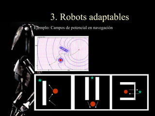 3. Robots adaptables
Ejemplo: Campos de potencial en navegación




                                                                  1
                              U  q =α⋅d  q , goal 2∑ β⋅
                                                        i   d  q , obs i 
 