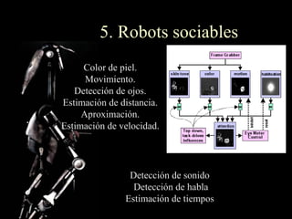 5. Robots sociables
     Color de piel.
      Movimiento.
   Detección de ojos.
Estimación de distancia.
     Aproximación.
Estimación de velocidad.




                Detección de sonido
                 Detección de habla
               Estimación de tiempos
 