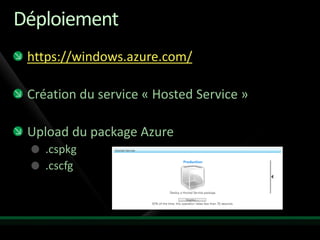 Déploiement
 https://windows.azure.com/

 Création du service « Hosted Service »

 Upload du package Azure
    .cspkg
    .cscfg
 