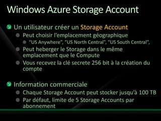 Windows Azure Storage Account
 Un utilisateur créer un Storage Account
    Peut choisir l’emplacement géographique
      “US Anywhere”, “US North Central”, “US South Central”,
    Peut heberger le Storage dans le même
    emplacement que le Compute
    Vous recevez la clé secrete 256 bit à la création du
    compte

 Information commerciale
    Chaque Storage Account peut stocker jusqu’à 100 TB
    Par défaut, limite de 5 Storage Accounts par
    abonnement
 