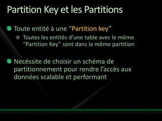 Partition Key et les Partitions
 Toute entité à une “Partition key”
    Toutes les entités d’une table avec le même
    “Partition Key” sont dans la même partition

 Necéssite de choisir un schéma de
 partitionnement pour rendre l’accès aux
 données scalable et performant
 
