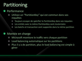 Partitioning
 Performance
    Utilisez un “PartitionKey” qui est commun dans vos
    requêtes
       Toujours essayer de spécifier la PartitionKey dans vos requetes
       Les entités avec la même PartitionKey sont clusterisées
       Les batchs et transaction sont supportés dans la même partition


 Montée en charge
    Microsoft monitore le traffic vers chaque partition
    Load balancing automatique sur les partitions
    Plus il y a de partition, plus le load balancing est simple à
    gérer
 