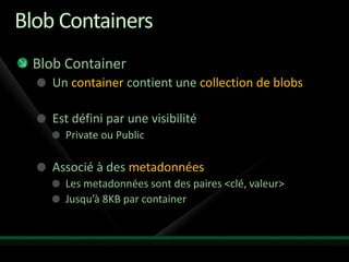 Blob Containers
 Blob Container
    Un container contient une collection de blobs

    Est défini par une visibilité
      Private ou Public

    Associé à des metadonnées
      Les metadonnées sont des paires <clé, valeur>
      Jusqu’à 8KB par container
 