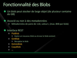 Fonctionnalité des Blobs
  Un blob peut stocker de large objet (de plusieur centaine
  de GB)

  Associé ou non à des metadonnées
     Métadonnées de paire de <clé, valeur>, (max. 8KB par blob)

  Interface REST
     PutBlob
        Insère un nouveau blob ou écrase le blob existant
     GetBlob
        Recupére le blob
     DeleteBlob
     CopyBlob
     …
 